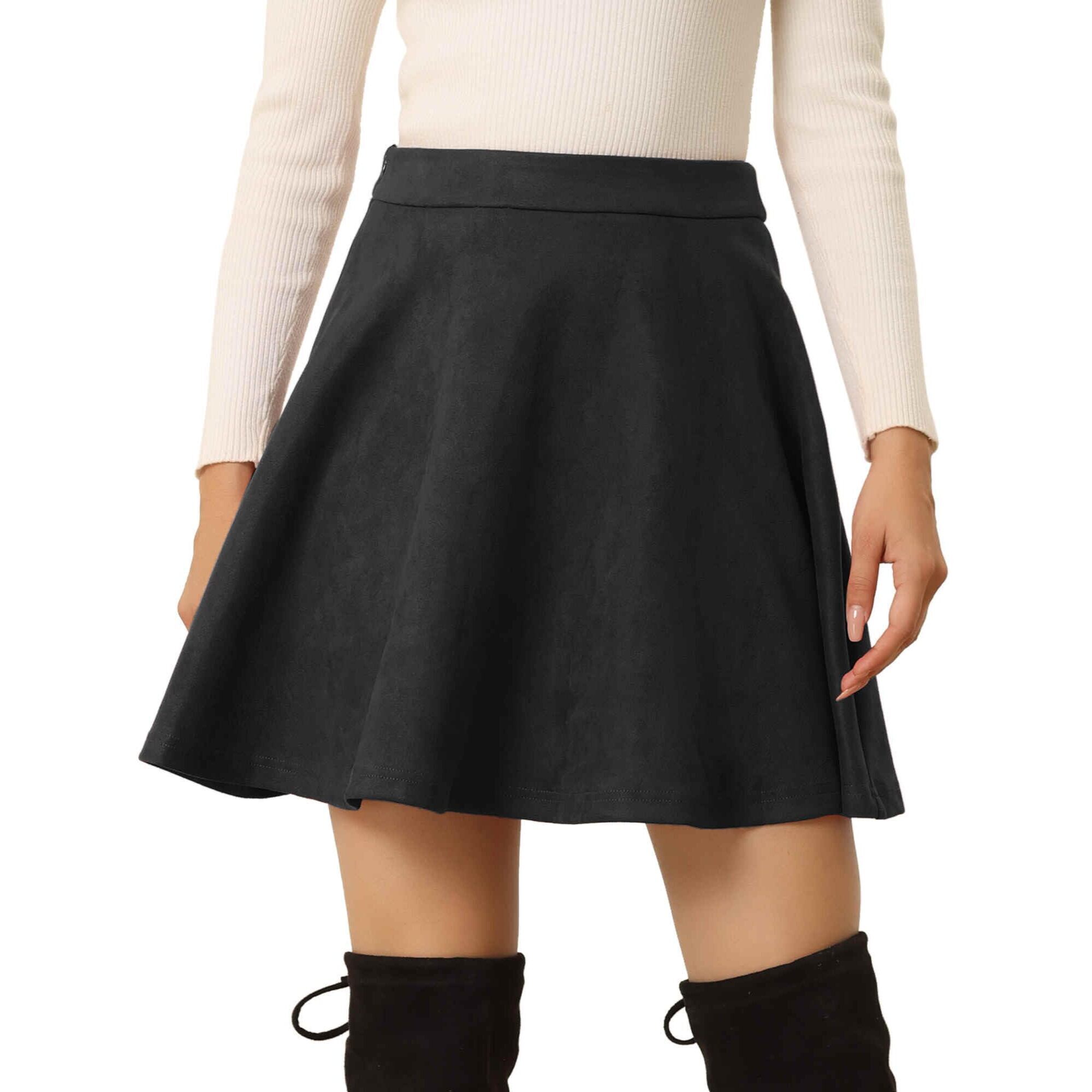 7094 Faux Suede Skirt Basic Short Flared Casual Mini Skater Skirt Small